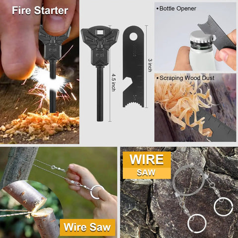 Image showing various tools from the 19 In 1 Survival Gear Kit For Men Dad Husband Emergency Tools Camping Accessories Fishing Hunting Gift For Outdoors Lovers Birthday Stocking Stuffers Cool Gadget Camping Essentials, including a fire starter, bottle opener, and wire saw.