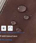 Close-up of brown Beefy Heavy Duty 600D Oxford Patio Umbrella Cover Waterproof with water droplets, UV protection label visible