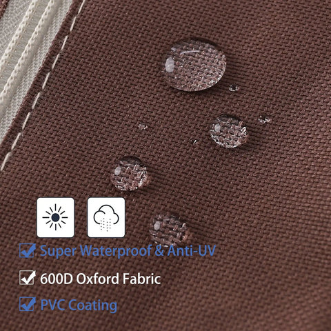 Close-up of brown Beefy Heavy Duty 600D Oxford Patio Umbrella Cover Waterproof with water droplets, UV protection label visible