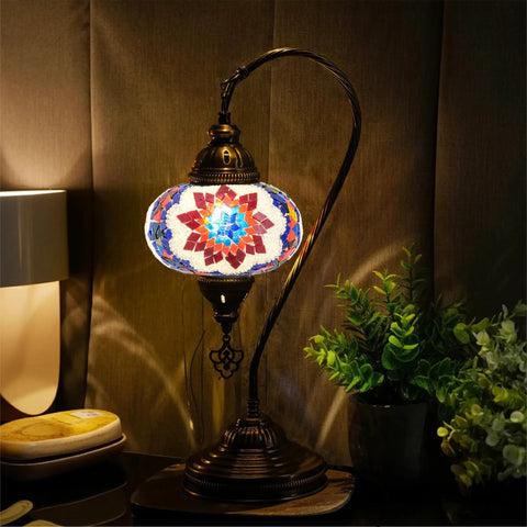 Turkish Mosaic Table Lamp With Built In LED Bulb Hand Cut Glass Mosaics Moroccan Gooseneck Design Tall 45 Cm Lit Accent Light For Living Room Handmade In Turkey