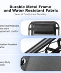 Close-up of Set Of Two Adjustable Zero Gravity Relaxing Patio Chairs With Steel Mesh Frame, pillow, and water-resistant fabric.