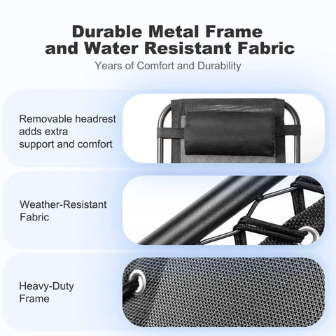 Close-up of Set Of Two Adjustable Zero Gravity Relaxing Patio Chairs With Steel Mesh Frame, pillow, and water-resistant fabric.