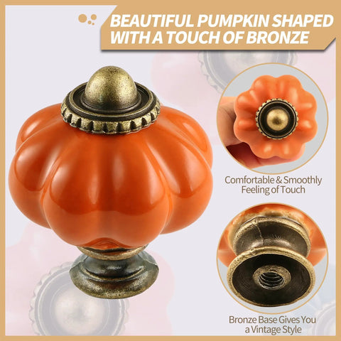 Orange Pumpkin Ceramic Cabinet Knob with bronze details in a set including screws, shown from various angles.