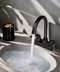Oil Rubbed Bronze Stainless Steel Bathroom Faucet With Pop Up Drain Stopper And Deck Plate For 3 Hole Sink And 2 Handle Modern Vanity Fixture Easy To Install shown with water flowing into a sink.