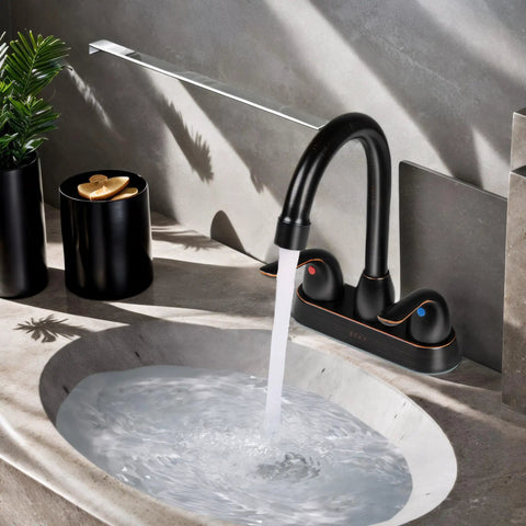 Oil Rubbed Bronze Stainless Steel Bathroom Faucet With Pop Up Drain Stopper And Deck Plate For 3 Hole Sink And 2 Handle Modern Vanity Fixture Easy To Install shown with water flowing into a sink.