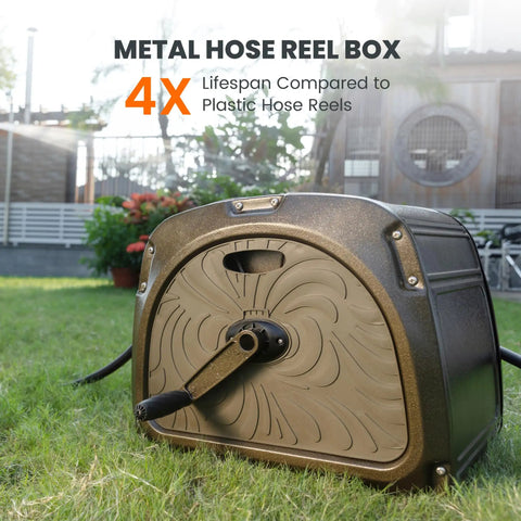 Heavy Duty Metal Hose Reel Box with crank handle, outdoor on grass, showcasing metal durability, holds up to 150 feet of hose