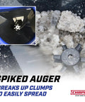 Spiked auger detail of Walk Behind Rock Salt And Ice Melt Spreader With 100 Pound Poly Hopper, Weather Resistant Stainless Steel Frame