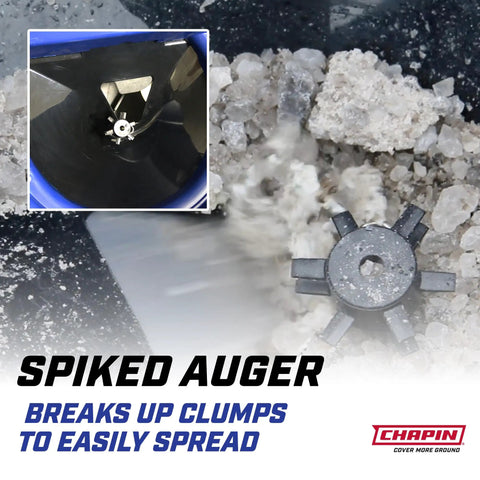 Spiked auger detail of Walk Behind Rock Salt And Ice Melt Spreader With 100 Pound Poly Hopper, Weather Resistant Stainless Steel Frame
