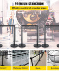 Boss Grade Crowd Control Stanchion Set With Six Point Six Feet Black Retractable Belt Solid Metal Base And Concrete Support in airport.