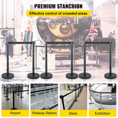 Boss Grade Crowd Control Stanchion Set With Six Point Six Feet Black Retractable Belt Solid Metal Base And Concrete Support in airport.
