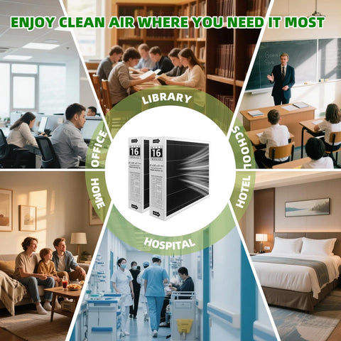 Image of 20x25x5 MERV 16 Activated Carbon Furnace Air Filter 2 Pack in various indoor settings, highlighting versatility.