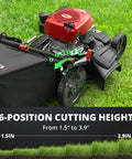 Close-up of Powerful 21 Inch Self Propelled Gas Lawn Mower With 170cc OHV Engine showing cutting height positions on lawn.