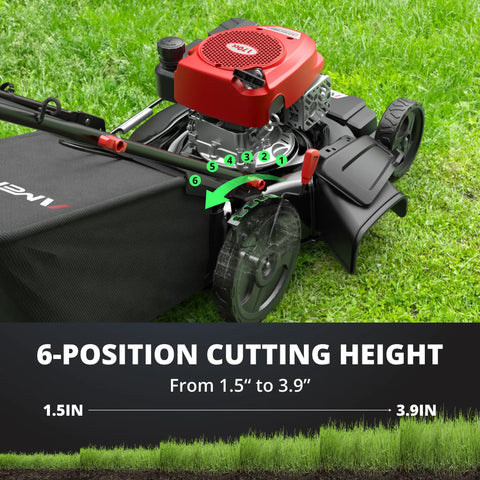 Close-up of Powerful 21 Inch Self Propelled Gas Lawn Mower With 170cc OHV Engine showing cutting height positions on lawn.