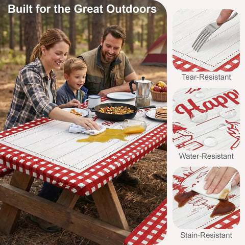 Family at picnic table using Waterproof Fitted Table Cover With Bench Covers For 72 Inch Picnic Tables, Windproof Elastic Edges For A Snug Fit.
