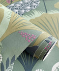 Close-up of Green Floral Peel And Stick Wallpaper Vinyl Roll 17.7 Inch By 393.7 Inch Vintage Botanical Contact Paper texture and design.