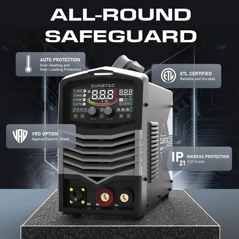 Sunstac 180A MIG Welder With Synergic LCD Control and dual voltage settings showcasing control panel and safety features.