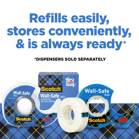 Legit Wall Safe Tape With Smooth Hold Go To Removable Rolls For Hanging Frames And Wall Decor Easy Peasy Peel And Stick Zero Damage Promise two clear rolls and a box on a patterned background.