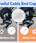 All In One 103 Piece Bike Brake Cable Kit With Stainless Steel Wire Cutter Includes Brake And Shifter Cables End Caps O Rings C Clips Clamps Rubber Boots V Brake Guides And Housing For Easy Replacement And Smooth Shifting shown with before and after images of cable end caps on bike