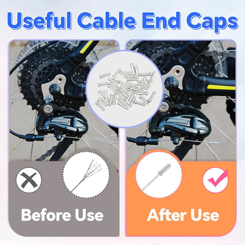 All In One 103 Piece Bike Brake Cable Kit With Stainless Steel Wire Cutter Includes Brake And Shifter Cables End Caps O Rings C Clips Clamps Rubber Boots V Brake Guides And Housing For Easy Replacement And Smooth Shifting shown with before and after images of cable end caps on bike
