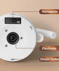 Bottom view of Stainless Steel Gooseneck Electric Kettle for Pour Over Coffee showing nameplate, electrode, and steam outlet.