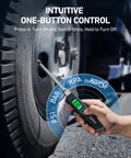 AstroAI heavy-duty digital tire pressure gauge with green backlit LCD, handheld, measuring vehicle tire pressure.