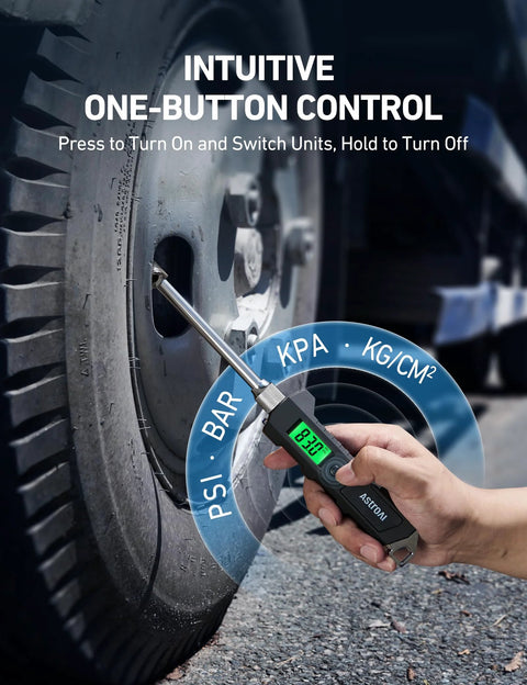 AstroAI heavy-duty digital tire pressure gauge with green backlit LCD, handheld, measuring vehicle tire pressure.