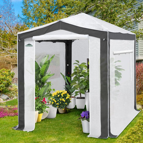8x6 Portable Walk In Greenhouse With Polyester Reinforced Corners Quick Easy Pop Up Setup Tool Free Indoor Outdoor Gardening Greenhouse Roll Up Zipper Doors And Mesh Windows Gray White