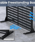 Close-up of metal outdoor privacy screen base with stability features for patio garden balcony and backyard use