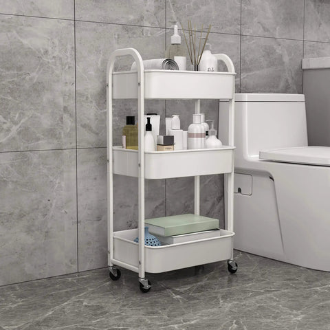 3-Tier Rolling Utility Cart With Caster Wheels For Kitchen And Bath No-Fuss Assembly Locking Wheels in bathroom setting