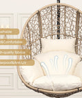 Oversized Hanging Egg Chair With Stand For Indoor And Outdoor Use Wicker Swing Chair With 400Lb Capacity Perfect For Bedroom Patio Garden Or Balcony Beige Nest Extra Wide Comfort For One Person showing beige cushion details.