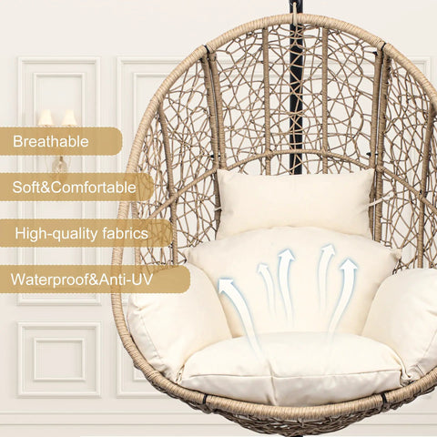 Oversized Hanging Egg Chair With Stand For Indoor And Outdoor Use Wicker Swing Chair With 400Lb Capacity Perfect For Bedroom Patio Garden Or Balcony Beige Nest Extra Wide Comfort For One Person showing beige cushion details.