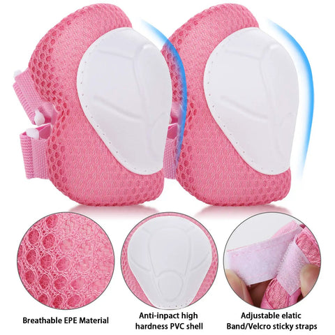 Kid Friendly 7 Piece Protective Gear Set With Adjustable Helmet Knee Pads Elbow Pads And Wrist Guards For Outdoor Sports Like Cycling Skateboarding Roller Skating And Scooter Pink For Ages 3 To 10, showing details of pink knee pads with PVC shell and adjustable straps.