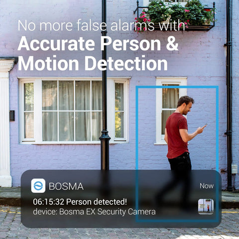 Outdoor camera detects person, illustrating 2 Pack Outdoor Security Cameras With Auto Spotlight And Color Night Vision, AI Person And Motion Detection.