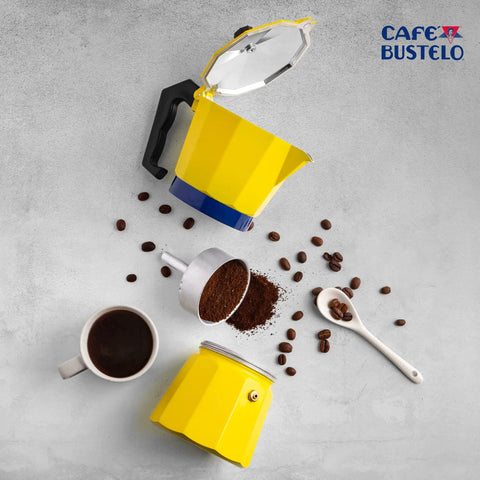 Bold Yellow Stovetop Moka Pot Espresso Maker 300 Ml Cup for Home Barista Quality Coffee Percolator Durable Aluminum with Heat Resistant Handle for Rich Cafe Style Espresso at Home