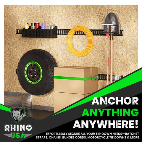 Heavy Duty 18 Piece E Track Rail Tie Down Kit With Accessories Includes 4 Rails 5 Foot E Track System in use in garage