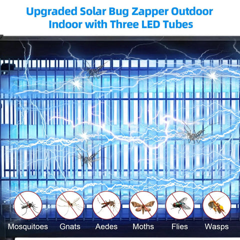 Close-up of Solar Bug Zapper Outdoor Waterproof With 4500V Grid, 3 LED Tubes, showing electric grid zapping mosquitoes and insects
