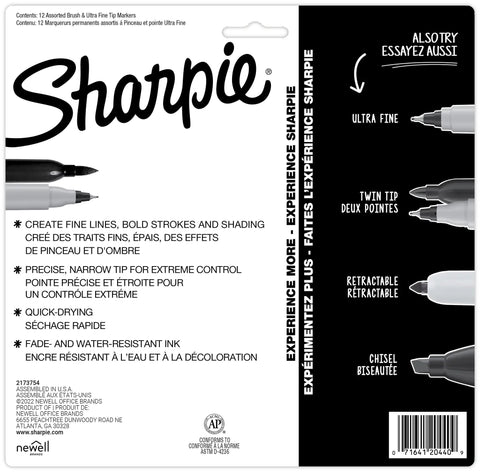 Box of dual tip permanent markers with brush and ultra fine tips, 12 count, for arts and crafts and office projects in assorted colors.