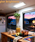 Interior RV kitchen with glowing LED dome ceiling fixture, part of 4 Pack Interior RV Lights LED Dome Ceiling Fixtures 12V Dimmable On Off Switch 3 Color Temperatures Warm Natural Cool Glare Free Energy Saving Gift Pack for RV Camper Car Boat Trailer
