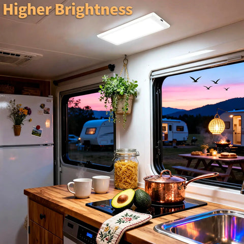 Interior RV kitchen with glowing LED dome ceiling fixture, part of 4 Pack Interior RV Lights LED Dome Ceiling Fixtures 12V Dimmable On Off Switch 3 Color Temperatures Warm Natural Cool Glare Free Energy Saving Gift Pack for RV Camper Car Boat Trailer