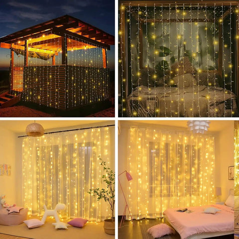 Solar Curtain Lights 300 LED Fairy String Lights With USB and Solar Dual Power for indoor outdoor use on gazebo and bedroom.