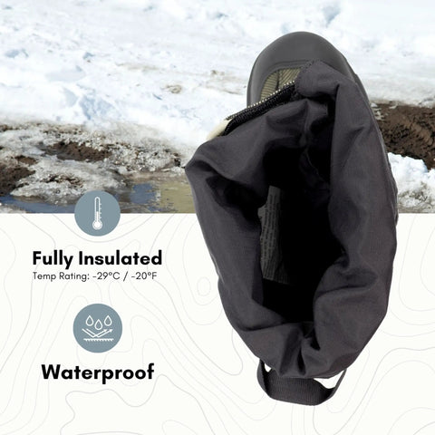 Rugged 840 Denier Waterproof Winter Boots With Heavy Foam Insulation And 32 Replaceable Ice Cleats For Kickass Traction On Frozen Trails Built Different To Slay Deep Snow Adventures XL Size with black insulated cuff and temp rating.