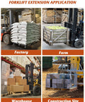Image showing forklifts using Heavy Duty Steel Fork Extensions For Forklift Trucks, 4.5 Inch Wide Pallet Forks, 96 Inch Length, Orange, 1 Pair at factory, farm, warehouse, and construction site.