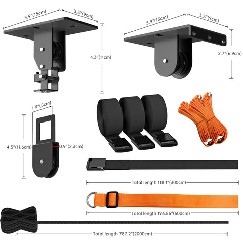 Garage Ceiling Kayak Hoist System With Safety Straps, Heavy Duty Pulley Lift For Kayaks, components and straps displayed.