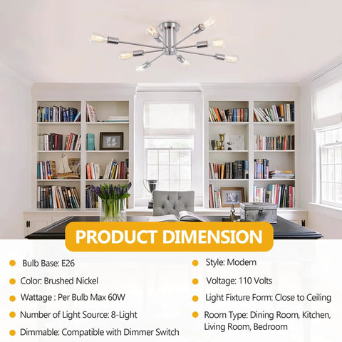 8 Light Sputnik Ceiling Chandelier In Brushed Nickel Silver in a modern living room with bookshelves