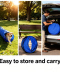 Foldable 10 Foot Dog Agility Tunnel with Carry Bag and Ground Spikes in park setup and packed