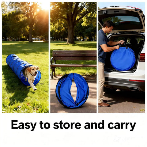 Foldable 10 Foot Dog Agility Tunnel with Carry Bag and Ground Spikes in park setup and packed