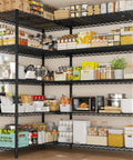 72 Inch Wide Wire Shelving Rack, Heavy Duty 1750 Lbs Capacity, 16 Inch Deep, 76 Inch High, L Shaped Storage Shelves For Garage, Warehouse, Pantry, Basement Organization, black wire corner pantry shelf loaded with bins and kitchen items
