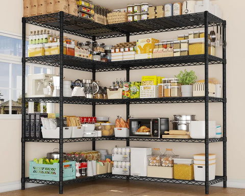 72 Inch Wide Wire Shelving Rack, Heavy Duty 1750 Lbs Capacity, 16 Inch Deep, 76 Inch High, L Shaped Storage Shelves For Garage, Warehouse, Pantry, Basement Organization, black wire corner pantry shelf loaded with bins and kitchen items