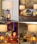 2 In 1 Farmhouse Table Lamp With Himalayan Salt Night Light, Touch Dial Bedside Lamp With USB A C Ports And AC Outlet on desk