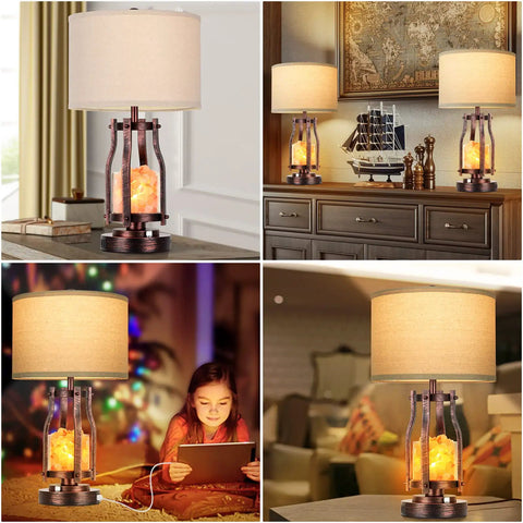 2 In 1 Farmhouse Table Lamp With Himalayan Salt Night Light, Touch Dial Bedside Lamp With USB A C Ports And AC Outlet on desk